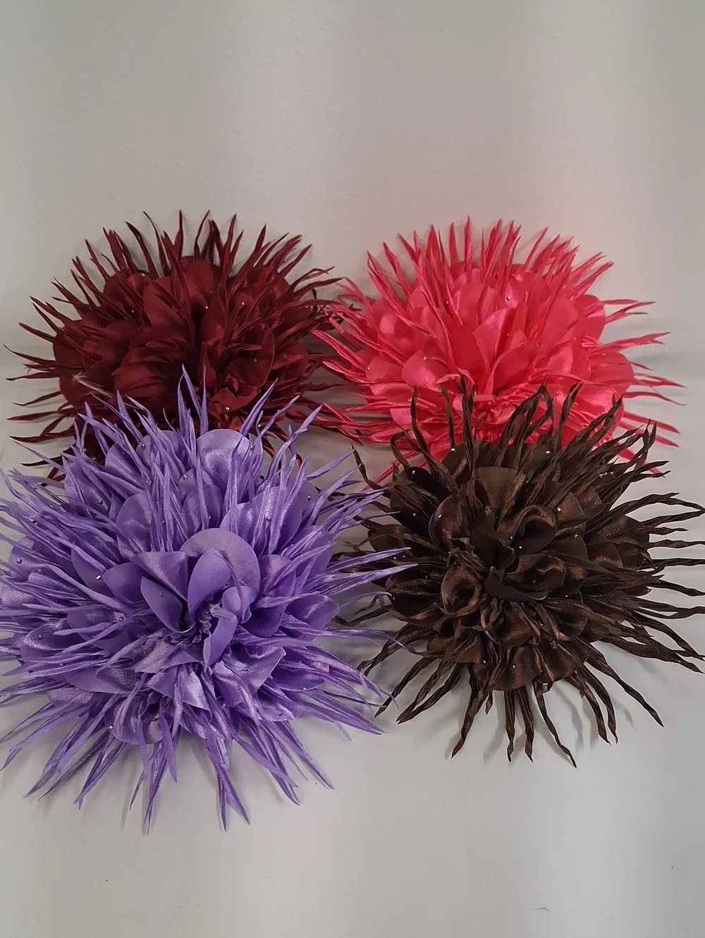 (4) Decorative Large Fabric Flowers Brooch/pin- Purple, Coral, Burgundy, Brown